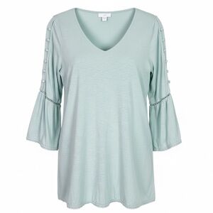 J. JILL LIGHT BLUE GREEN V-NECK 3/4 BELL SLEEVE SHIRT WOMENS XS